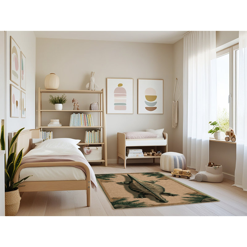 Tapis beige dinosaures lavable à la machine, Rectangle 3 pi x 5 pi