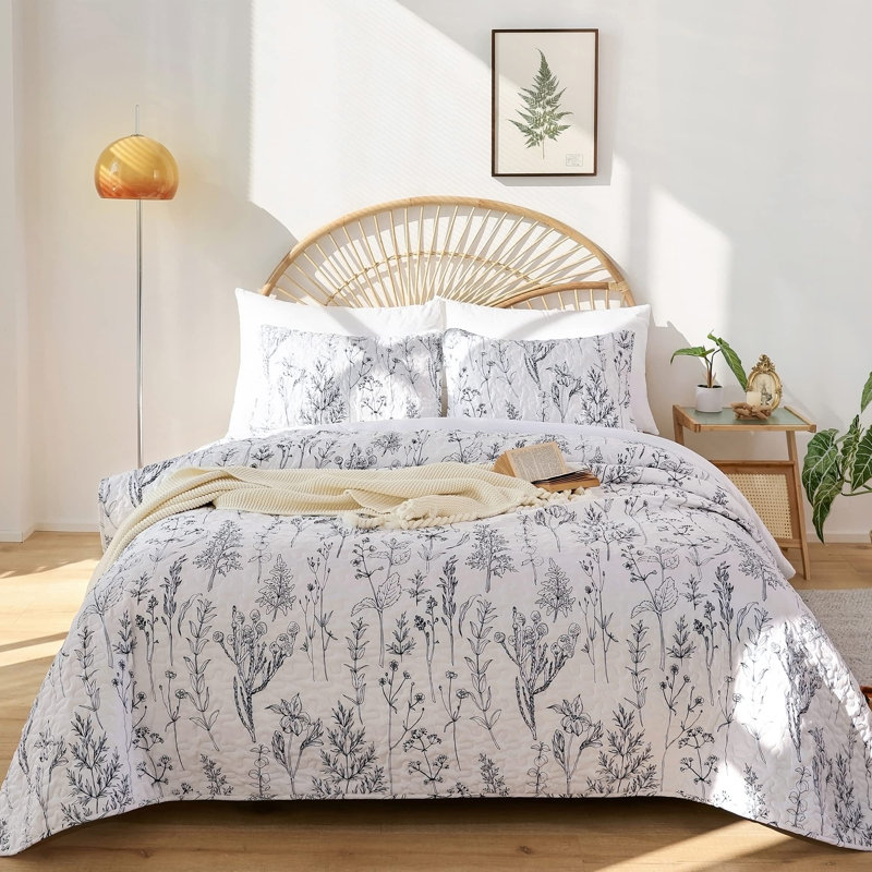 Floral Quilt Set 2 Pieces - Lightweight Botanical Pattern Quilt With One Pillowcase, Twin Comforter + 1 Standard Pillowcases