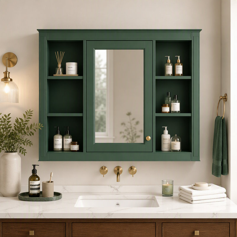 Armoire à pharmacie murale moderne avec miroir et 6 tablettes ouvertes (meuble-lavabo non inclus)., Green