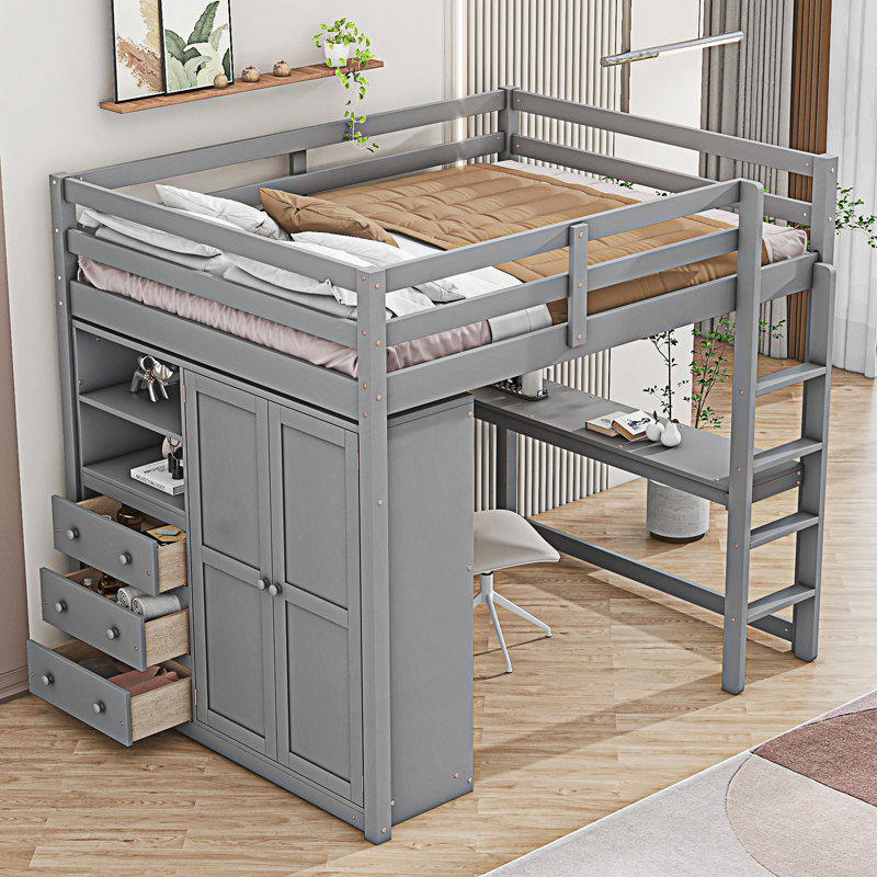 Lit mezzanine double avec garde-robe intégrée, bureau, tablettes de rangement et tiroirs, gris