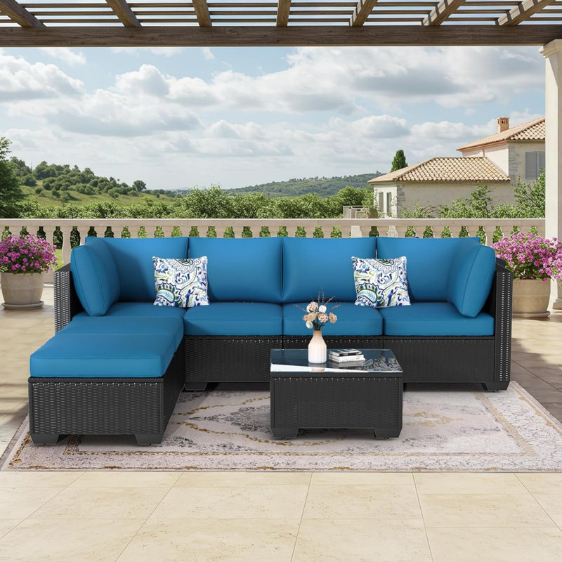 8-Piece Outdoor Pe Rattan Patio Furniture Set, 30" Fire Pit Table,, Navy