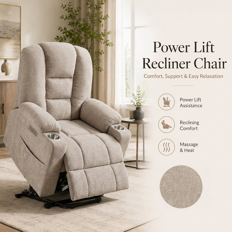 Grand fauteuil inclinable électrique avec massage et chaleur, fauteuil inclinable en chenille avec ports USB et Type-C et porte-gobelets doubles