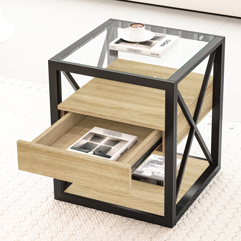 Space-Saving Natural Wood Coffee Table for Living Room - Tempered Glass Top, Easy-Clean &amp; Smart Storage, Natural
