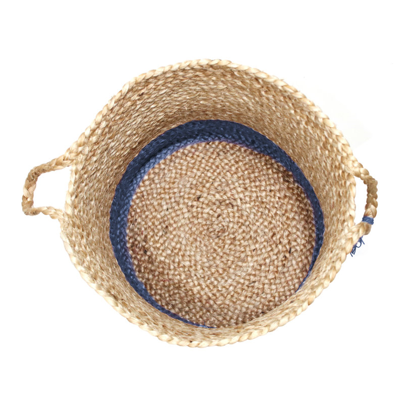 Handmade Round Tan and Sapphire Blue Jute Storage Basket with Loop Handles