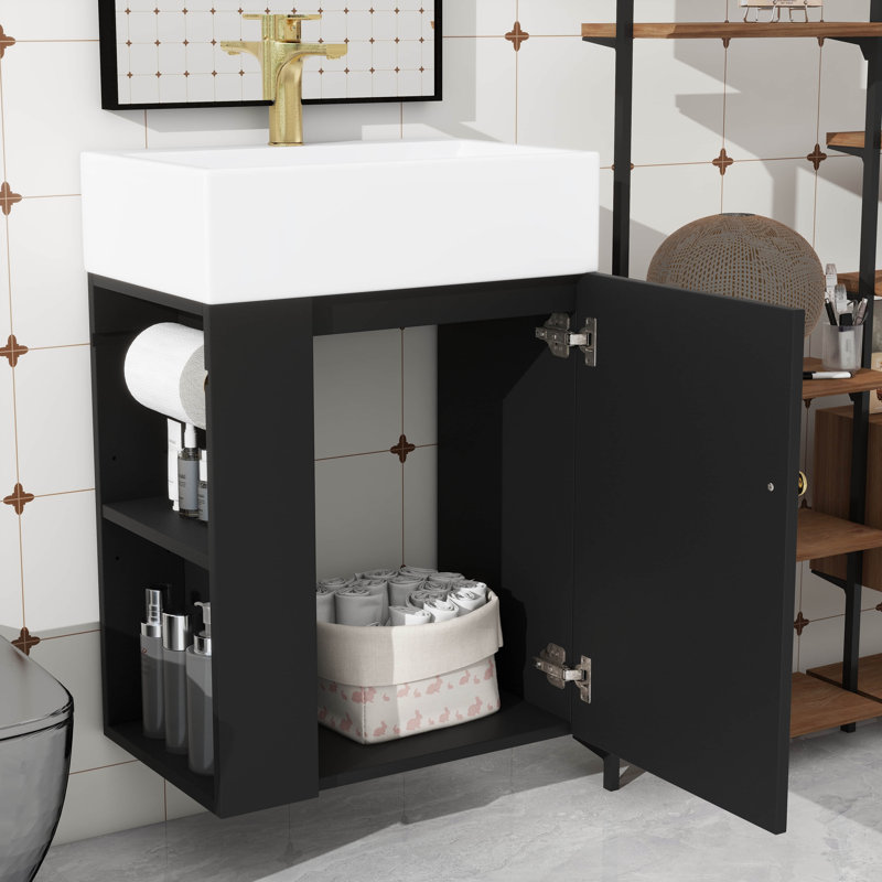 Petit meuble-lavabo de 20 po, lavabo en céramique, porte à motif de losanges, poignée, tablettes latérales, barre à serviettes