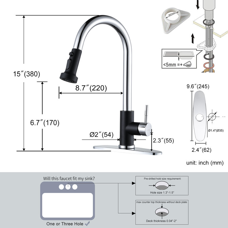 Pull Down Single Handle Kitchen Faucet with 3-Modes Advanced Spray, Chrome/Matte Black