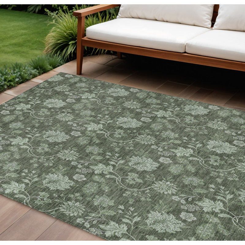 HomeRoots 8' X 10' Olive Green And Artichoke Green Floral Washable Indoor Outdoor Area Rug