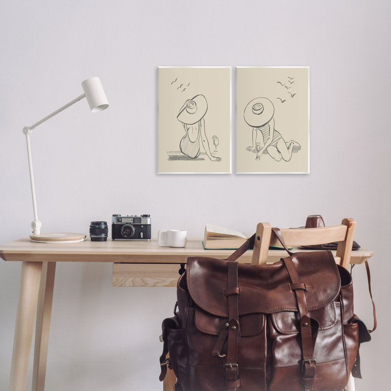 Figurine féminine, dessin au bord de la piscine, ensemble de 2 plaques murales par Grace Popp