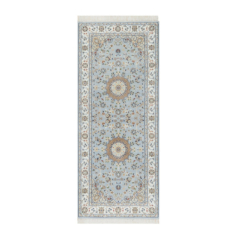 Tapis de couloir noué à la main en laine et en soie 2 pi 8 po x 6 pi 6 po bleu Nain 250 KPSI