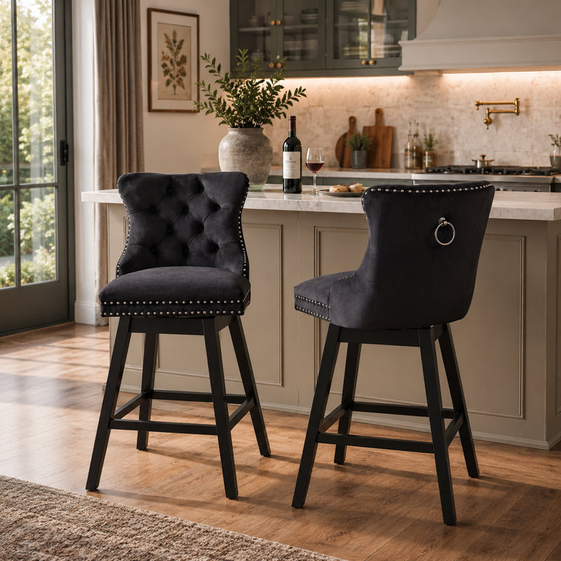 Velvet Upholstered 360° Swivel Counter Height Bar Stool with Back, Nailhead Trim and Sturdy Solid Wood Legs, Comfortable Chair for Kitchen, Dining, Restaurant