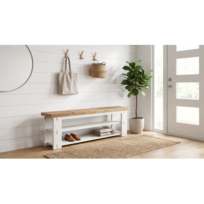 Banc de bar de style campagnard, 180 cm, en bois massif brun et blanc, avec rangement à chaussures, banquette à 3 niveaux pour îlot de bar, cuisine ou salle à manger.
