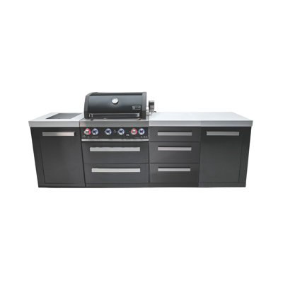 Mont Alpi Premium 107"W X 23"D X 46"D Black Stainless Steel Outdoor Kitchen Island With Side Burner + 32"W 4-Burner Bbq Grill + White Granite Countertops + Storage Drawers And Cabinets + Rotisserie Kit + Cover + Natural Gas Convertible + Lifetime Warrant