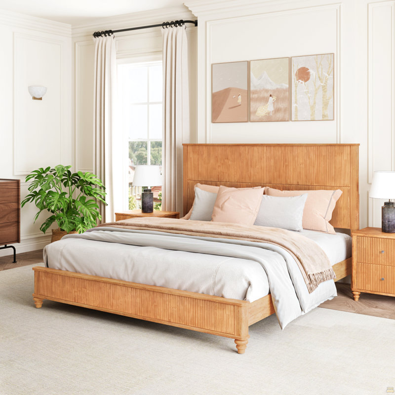 Base de lit en bois massif, cadre de lit plateforme très grand avec tête de lit, tête de lit haute en bois naturel, aucun sommier requis, naturel