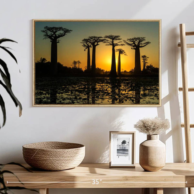 Silhouette de baobabs de Morondava, Cadre flottant en bois naturel, 25 po x 17 po