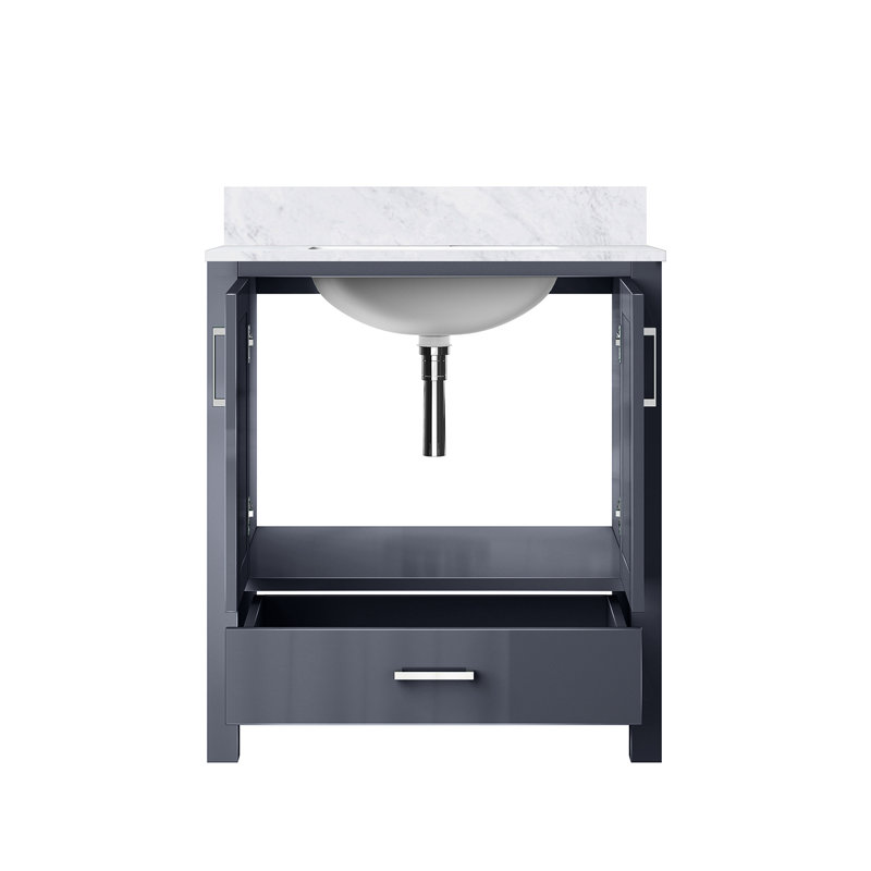Gris foncé foncé 30 po Meuble-lavabo large avec surface en marbre, fabrication en bois massif, fermeture en douceur, une armoire intérieure, tiroir, tablette ouverte, pré-percé pour l'installation du robinet, salle de bain longue durée