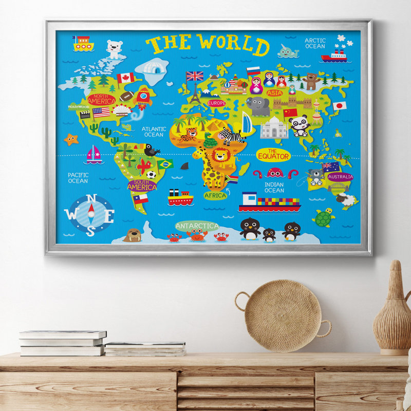 Carte du monde - cadre photo, impression sur toile, Argent, H 26,5 po x l 36,5 po x P 1,5 po