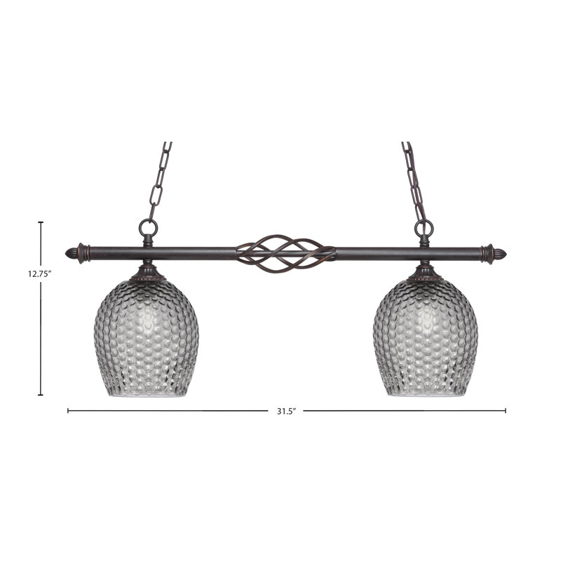Luminaire pour îlot de cuisine 2 lumières Elegante, fini granit foncé avec verre texturé de 7,5 po, Noir / transparent