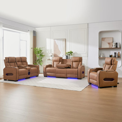 3-Piece Black PU Leather Power Reclining Sofa Set with Bluetooth Speakers, LED Lights, Center Console & Cup Holders