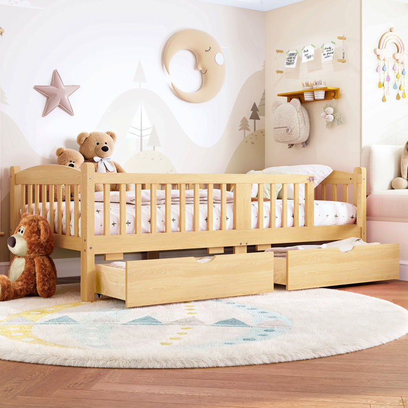 Lit plateforme simple avec garde-corps pleine longueur, lit plateforme pour enfants avec tiroirs de rangement, Lit simple