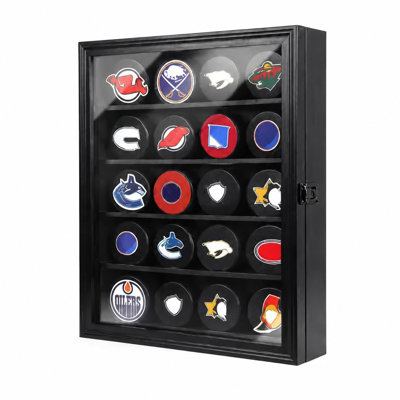 20‑Slot Large Black Hockey Puck Shadow Box Display Case, Wall‑Mount Lockable Cabinet with UV‑Protective Acrylic, Large Capacity for Hockey Memorabilia Collection