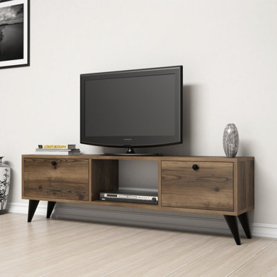 Meuble télé moderne avec option de fixation murale, noir, 54,3 x 16,8 x 11,6 pouces | 100% panneau de particules enduit de mélamine, épaisseur: 0,7 pouce | Plusieurs tablettes, pieds en plastique, design scandinave pour des salons élégants