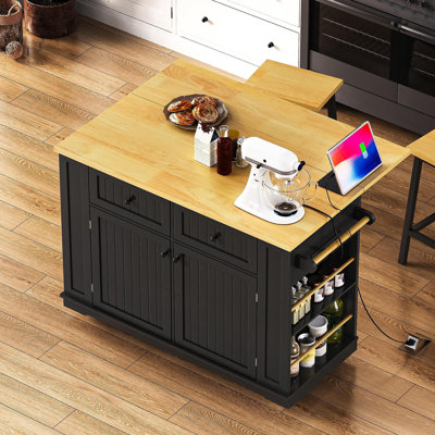 Grand îlot de cuisine de 48 pouces avec rallonge, prise de courant, support de rangement interne, chariot de rangement sur roulettes sur 5 roues avec 5 supports latéraux ouverts, pour la cuisine, la salle à manger, noir (sans les tabourets)