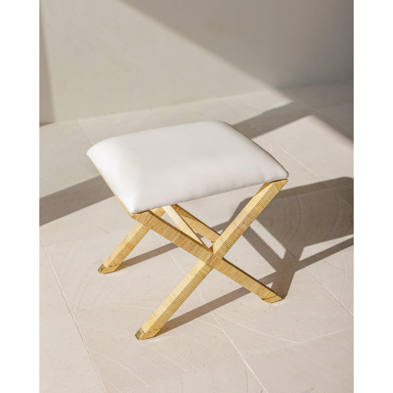 X-Base Rattan Stool – Handcrafted Indoor Accent Stool with White Cushion & Brass Detail