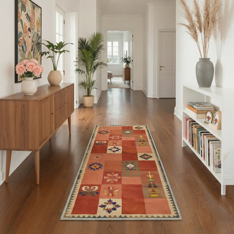 Astra Geometric Machine Washable Coral Orange / Beige Indoor Area Rug With Non-Slip Backing, Runner 2'3" x 6'