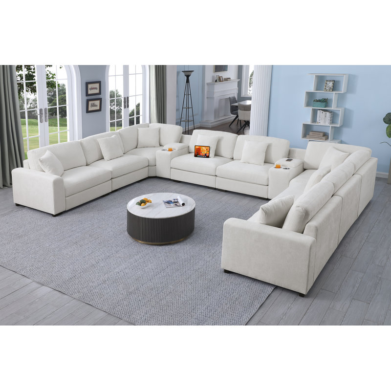 Modern Upholstered Cloud Modular Corner Sectional Sofa With Two Consoles, White Chenille