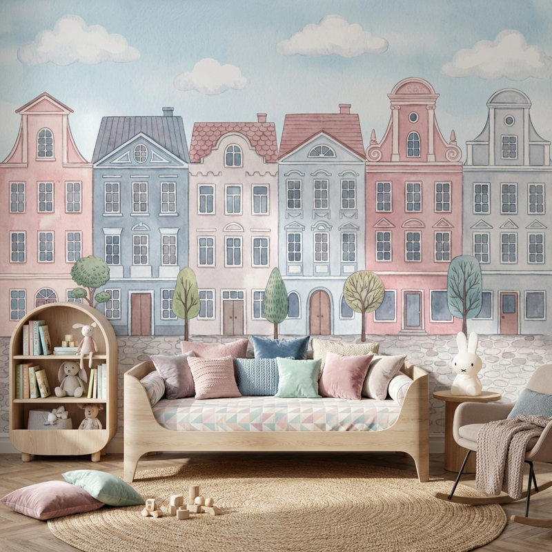 Murale rétro Whimsical Townhouse, Peler et coller, L: 112 po x H: 72 po