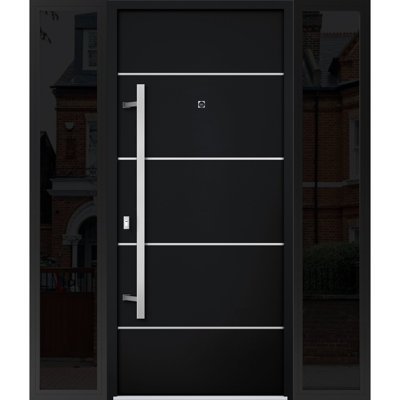 Porte avant en acier pré-suspendue à l'avant / deux fenêtres en émail noir 6083/2 fenêtres latérales à l'extérieur / inserts en acier inoxydable avec entrée en métal peint moderne l 12 + 36 + 12 po x H 80 po à droite