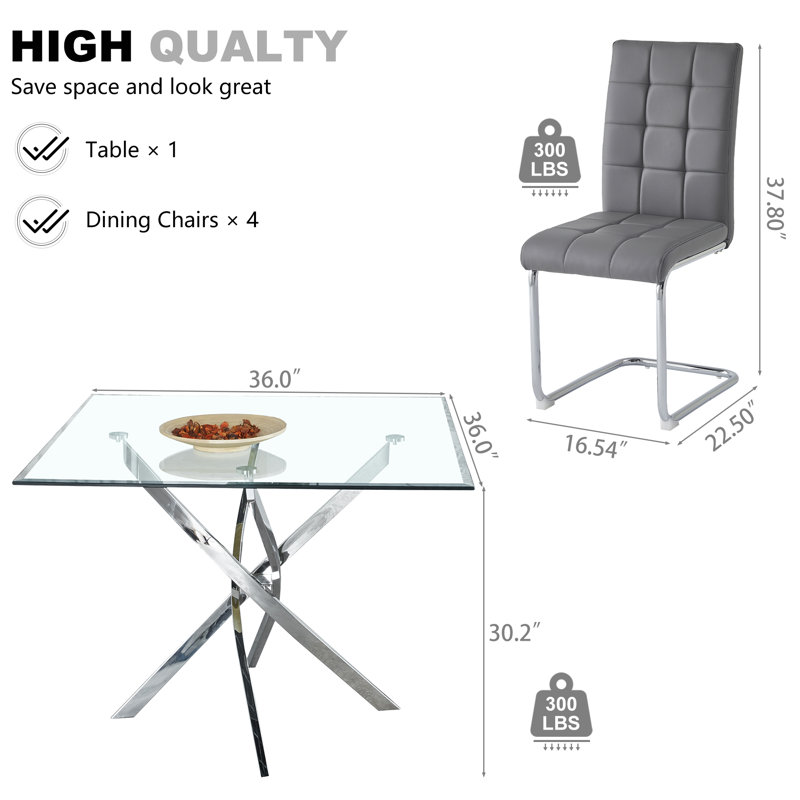 Square Pedestal Dining Set With 4 Luxury Faux Leather Dining Chairs, Silver, Gray/Silver