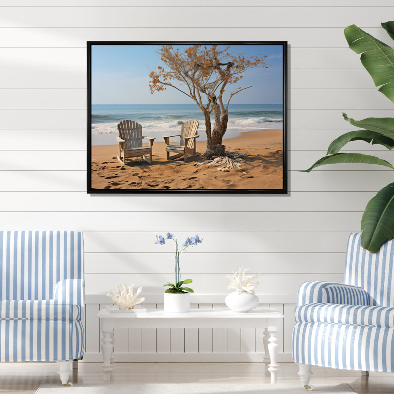 Ambur Beach Chairs Scenery II sur toile, Cadre flottant noir, H 30 po x l 40 po x P 1,5 po