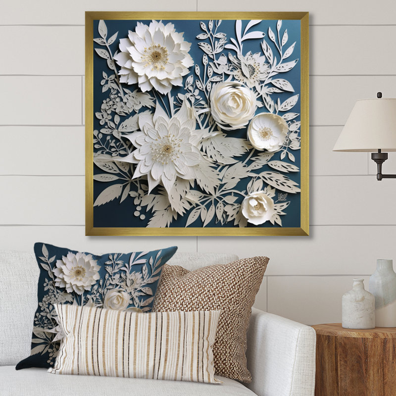 «Ryot White and Blue Flowers Bouquet Elegance», reproduction sur toile, H 16 po x l 16 po, Cadre doré