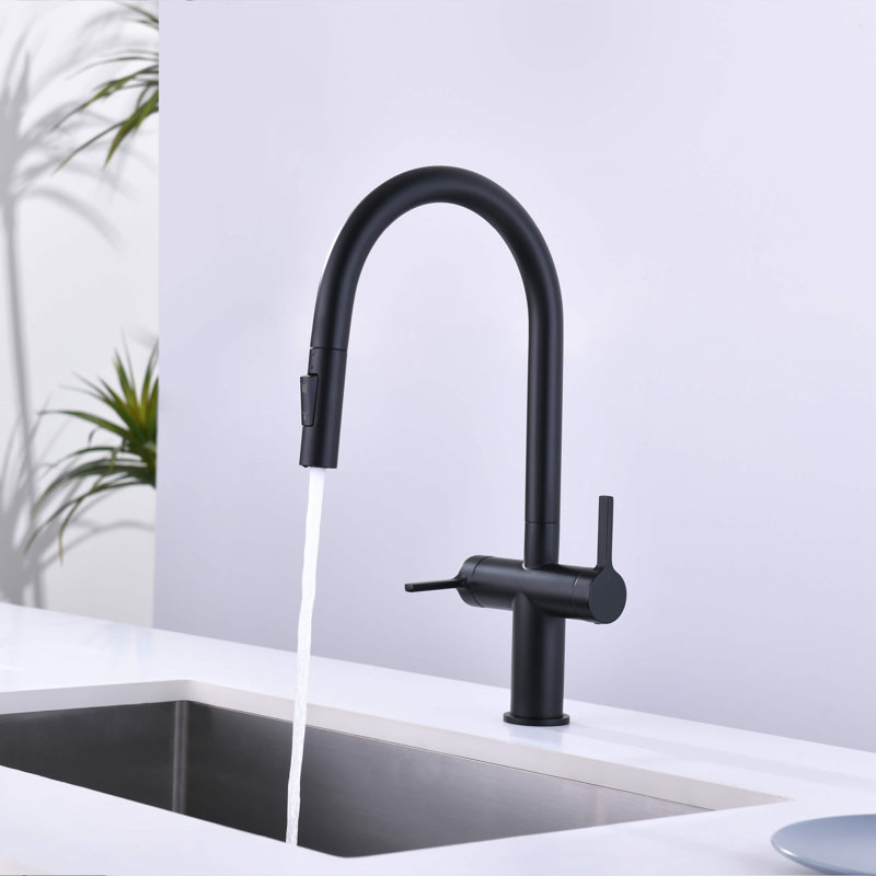 Novo Single Hole Two Handle Pull Down Kitchen Faucet, Matte Black