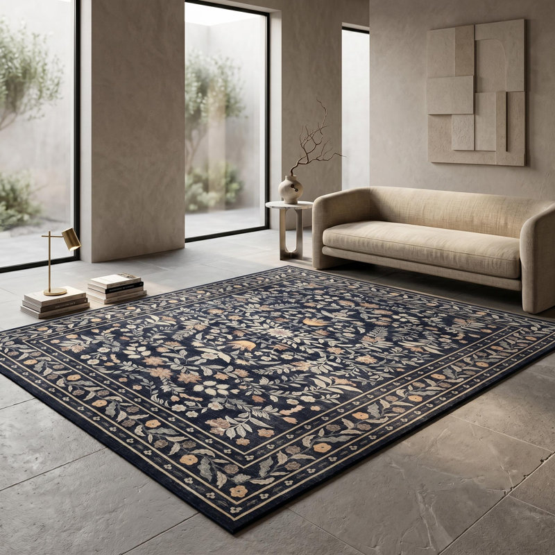 5x7 ft Washable Botanical Area Rug for Living Room - Modern Leaf Foliage Print Carpet, Soft Velvet, Non-Slip TPR Backing, Machine Washable, Black