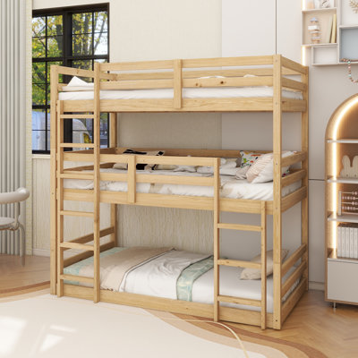 Triple Rubber Wood Bunk Bed With Two Built-In Ladders, Guardrails, Twin Over Twin Over Twin, Detachable Triple Twin Bunk Bed,White Oak