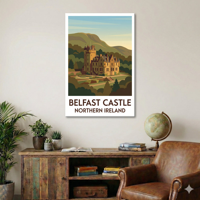 Belfast Castle, Northern Ireland - Romantic Travel Poster of the Castle on Cave Hill. Giclee Print on Wrapped Canvas. Wall Art, Home Decor - Castles & Palaces, Northern Ireland 1 Piece Wrapped Canvas Wall Art