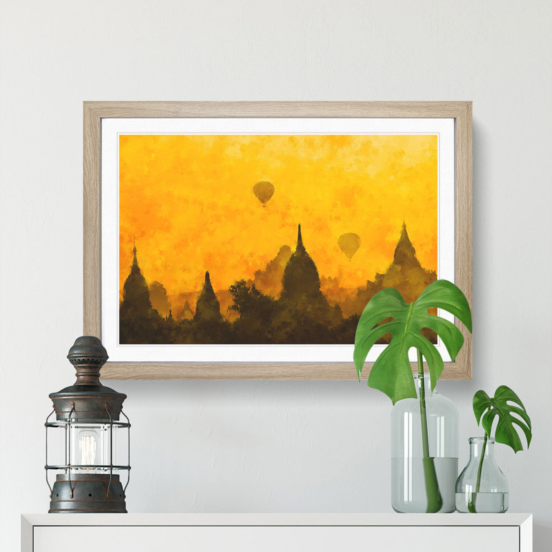 Hot Air Balloons over Old Bagan - Picture Frame Painting Print, 24cm H x 33cm W x 2cm D, Oak Framed