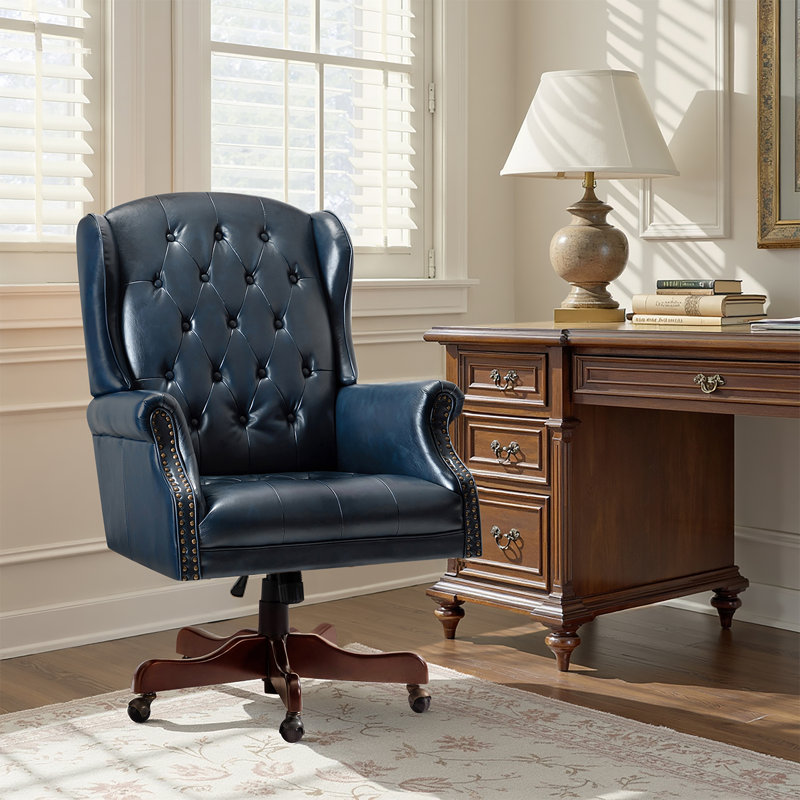 Swain 46.5'' H Traditional  Faux Leather Executive Chair with Solid Wood Base and Tufted Back, Navy Pebbled Faux Leather