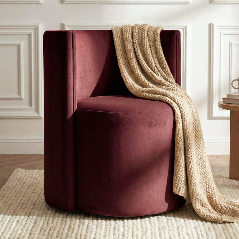 Fauteuil d'appoint demi-tonneau en velours avec roulettes, Bourgogne