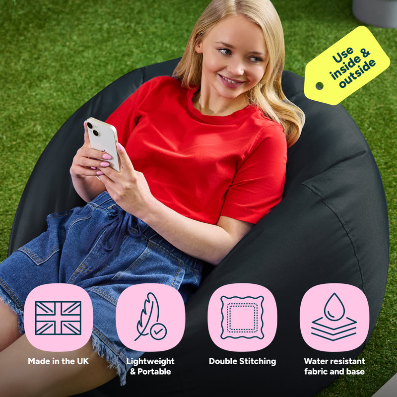 Kingston Water-Resistant Classic Bean Bag, Black, 50cm H x 85cm W x 85cm D
