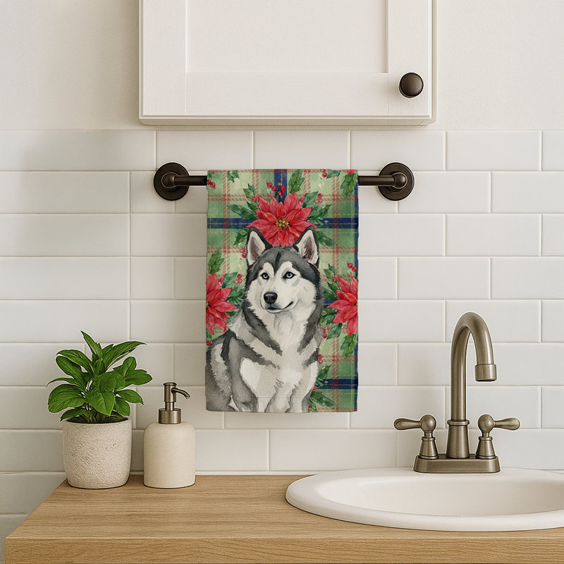 Gray and White Alaskan Malamute Christmas PoinsettIas Kitchen Towel, Gray/White Alaskan Malamute