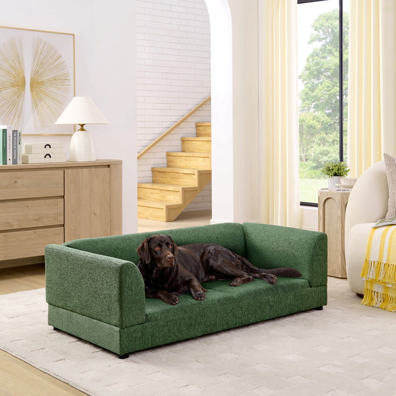 Canapé confortable surdimensionné pour animaux de compagnie de taille moyenne / grande - Conception rectangulaire moderne avec dossier, accoudoirs et coussin moelleux - Vert olive (56,5 po x 26 po x 17 po)