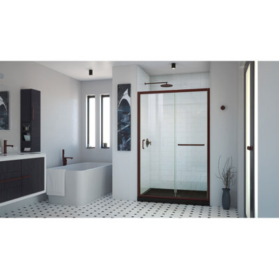 DreamLine Infinity-Z P 32 po x l 54 po x H 74 3/4 po porte de douche coulissante semi-sans cadre en bronze huilé avec base de douche noire