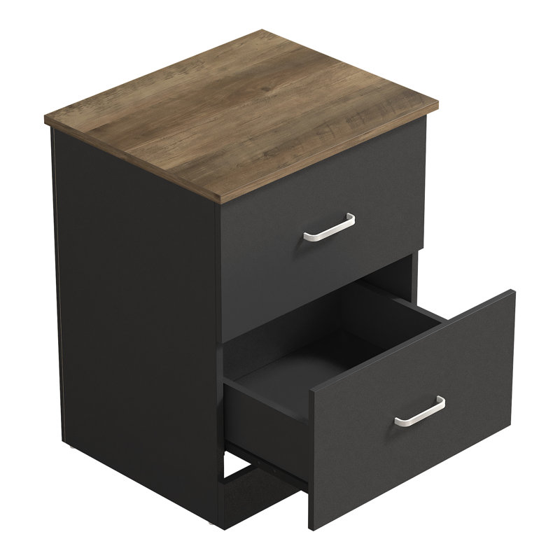 Table de chevet 2 tiroirs Allyannah, Noir / chêne noueux, Ensemble de 2
