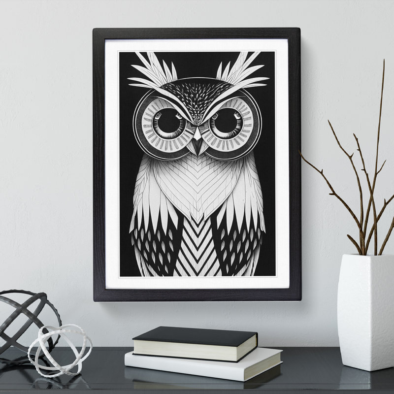 Monochrome Owl No.4 1 Piece Single Picture Frame Painting, 34cm H x 25cm W x 2cm D, Black