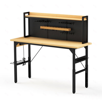 Établi réglable 71 po avec panneau perforé, établi en bois robuste avec roulettes, capacité de charge de 1 600 lb, établi roulant avec prise CA / USB, crochets, tablette, pour garage, atelier, bureau, maison