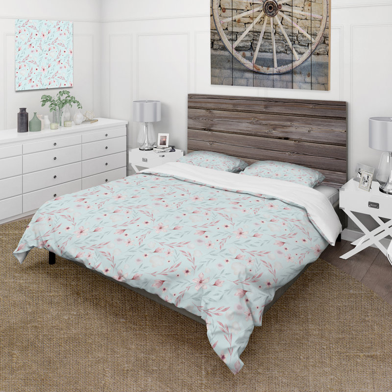 Fleurs de saule rose sur fond bleu clair - ensemble de housse de couette bohémien - microfibre de polyester