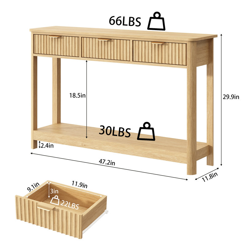 Denise 47.2" Console Table with 3 Fluted Drawers, Natural, Natural